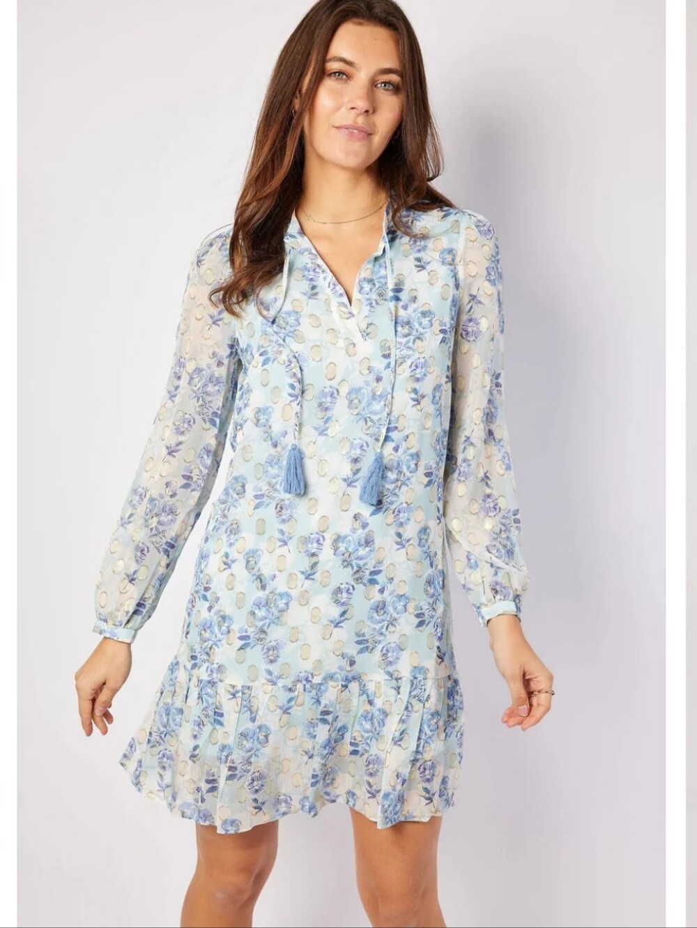 Sail To Sable NWT Ruffle Hem Dress w/ Tassels Frilling Violets Floral Print Sz S